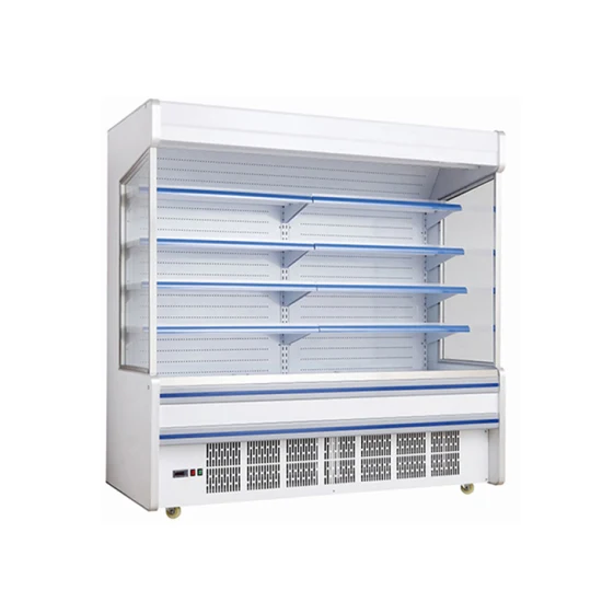 Compresor incorporado, cortina de plástico, refrigerador vertical frontal abierto para frutas, verduras, bebidas para supermercado