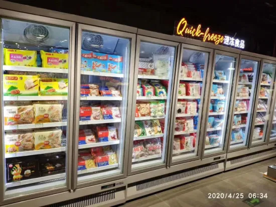 Tienda de conveniencia Parte inferior del compresor Puerta de vidrio vertical Exhibidor refrigerado Congelador